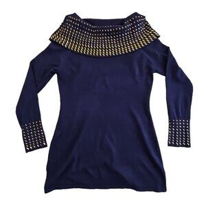 Questions Sweater Women's Size Medium Cowl Neck 3/4 Sleeve Navy Blue Bedazzled